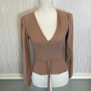 Planet Gold Tan Deep‎ V-Neck Fitted Ruched Blouse Small
